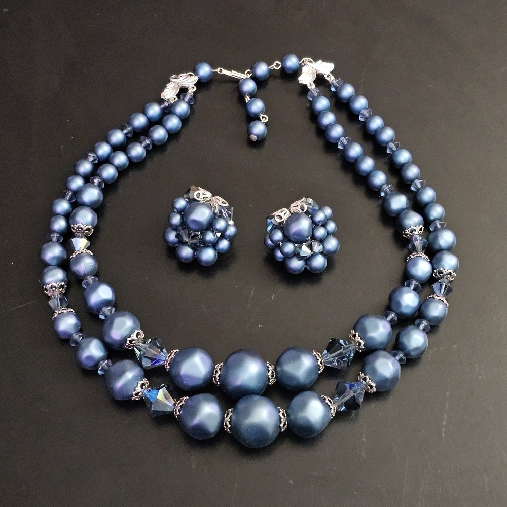Art Mode Vintage Ingigo Faux Pearls Silver Accents Necklace Clip On Earrings